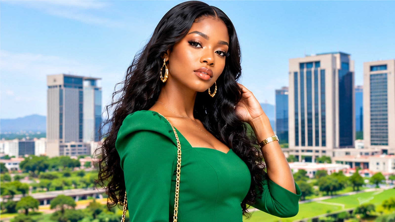 Professional Nigerian female model in Abuja skyline